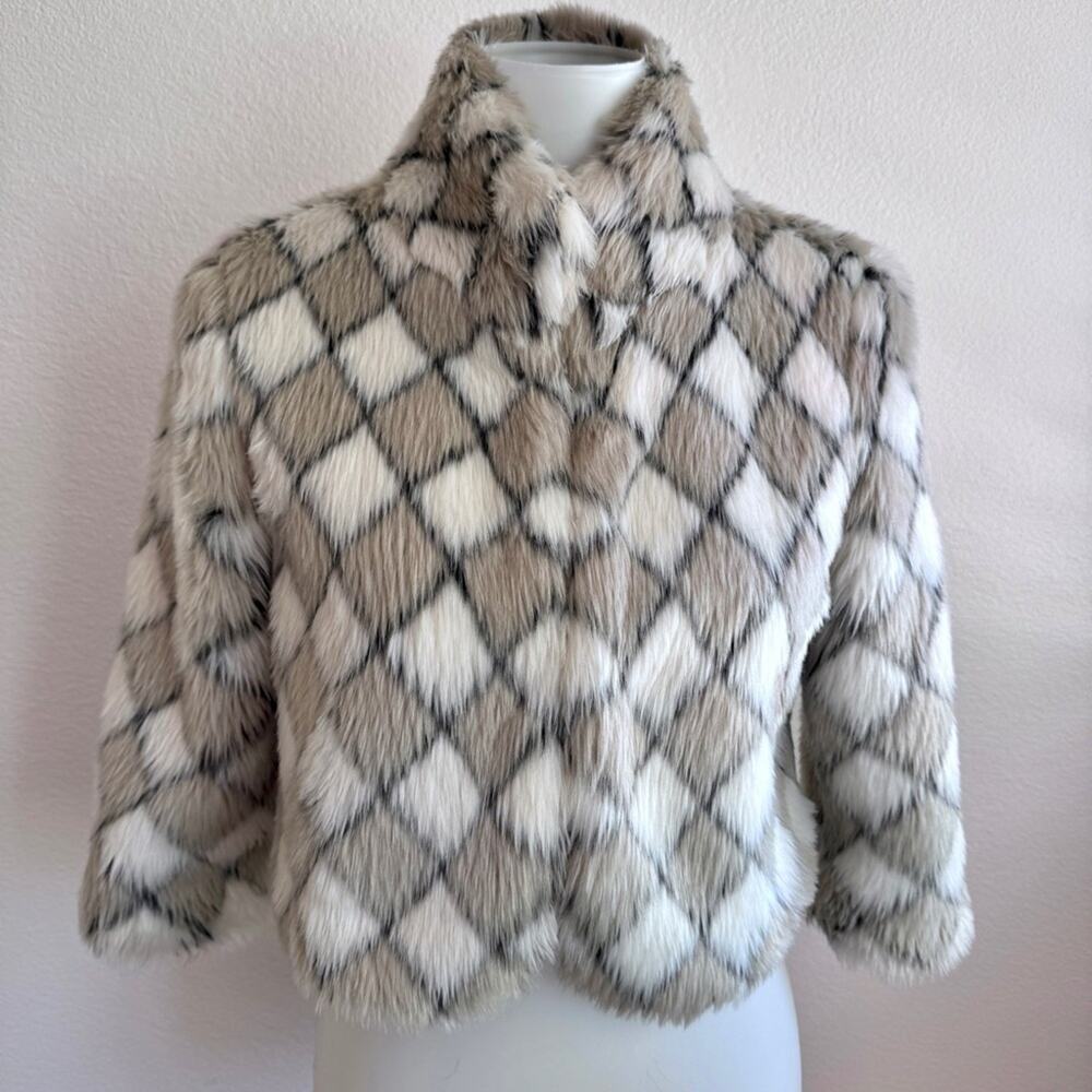 womens white & brown quietluxury vintage syle faux fur mock neck bolero coat SM